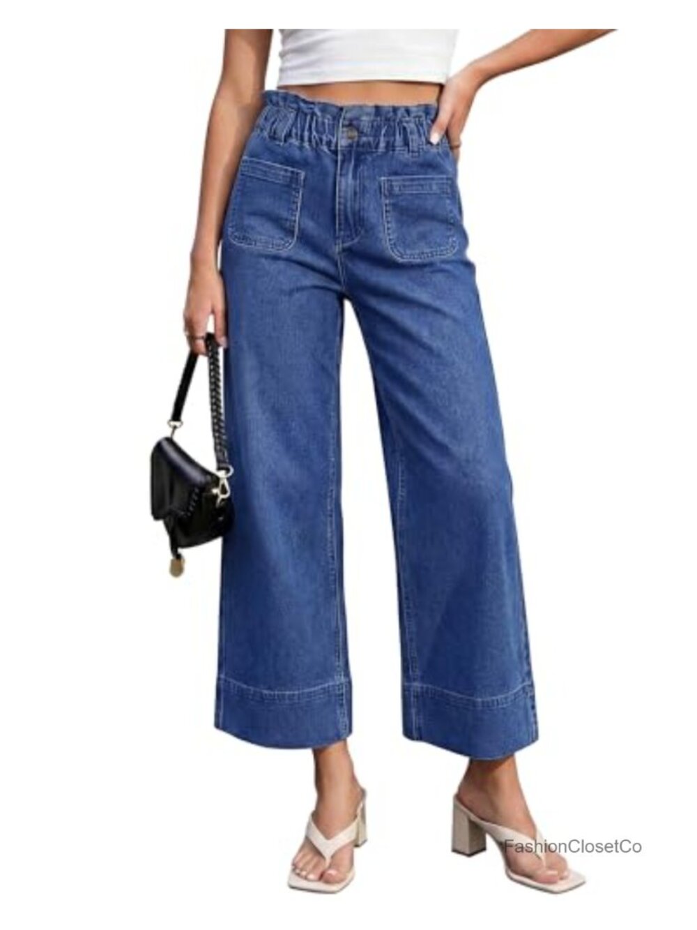 Wide Leg High Waisted Paper Bag Jeans Cropped Stretchy Denim Pants